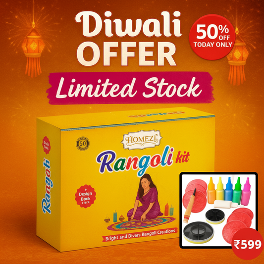 Diwali Rangoli Kit with Magic Tool,Stencils,Multi Design Stencils,Colour Packet,Rangoli Filler & 3Pcs Jali
